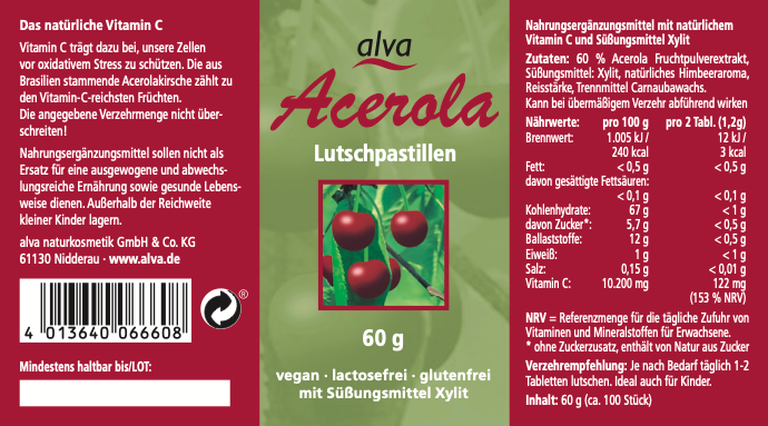 alva Acerola Lutschpastillen 60 g alva Acerola Lutschpastillen 60 g