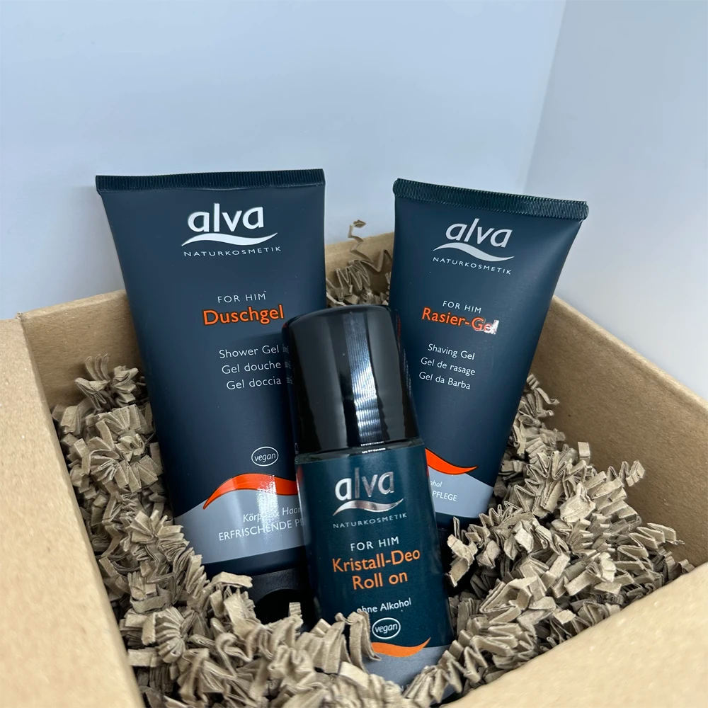 alva naturkosmetik Retterbox mit For Him Duschgel, Rasier Gel, Kristall Deo Roll On