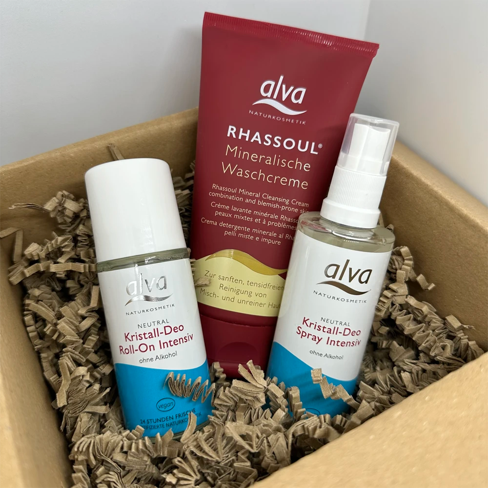alva Naturkosmetik Retterbox mit Kristall Deo Intensiv, Rhassoul Waschcreme, Kristall Deo Spray