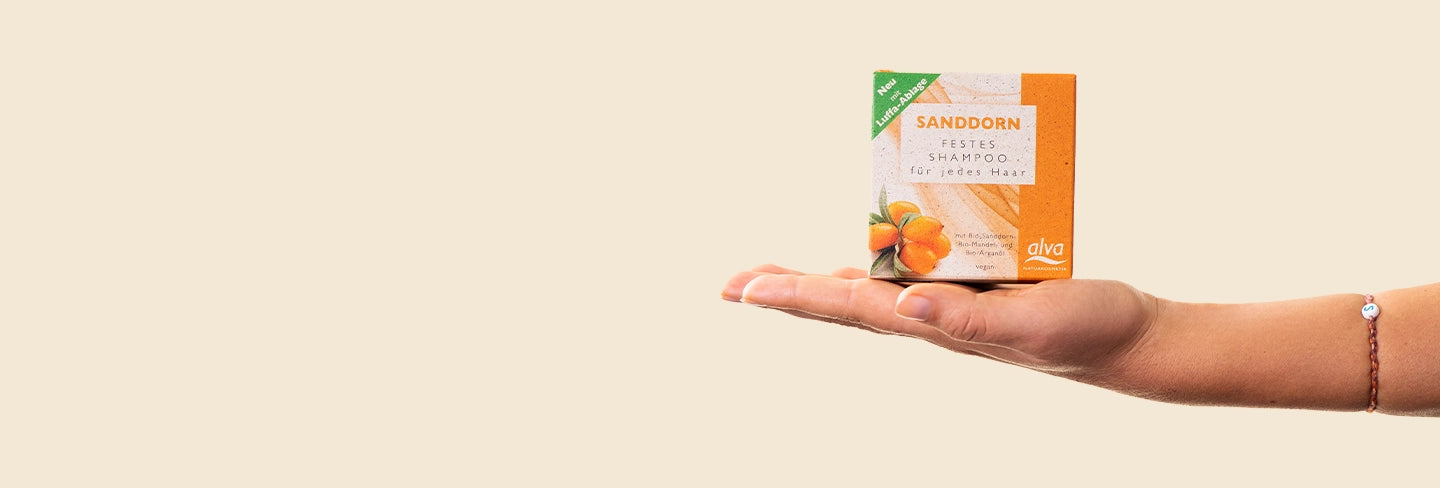Hand hält das Festes Shampoo in der Variante Sanddorn von alva Naturkosmetik fest mit gelben Hintergrund. Desktop Banner.