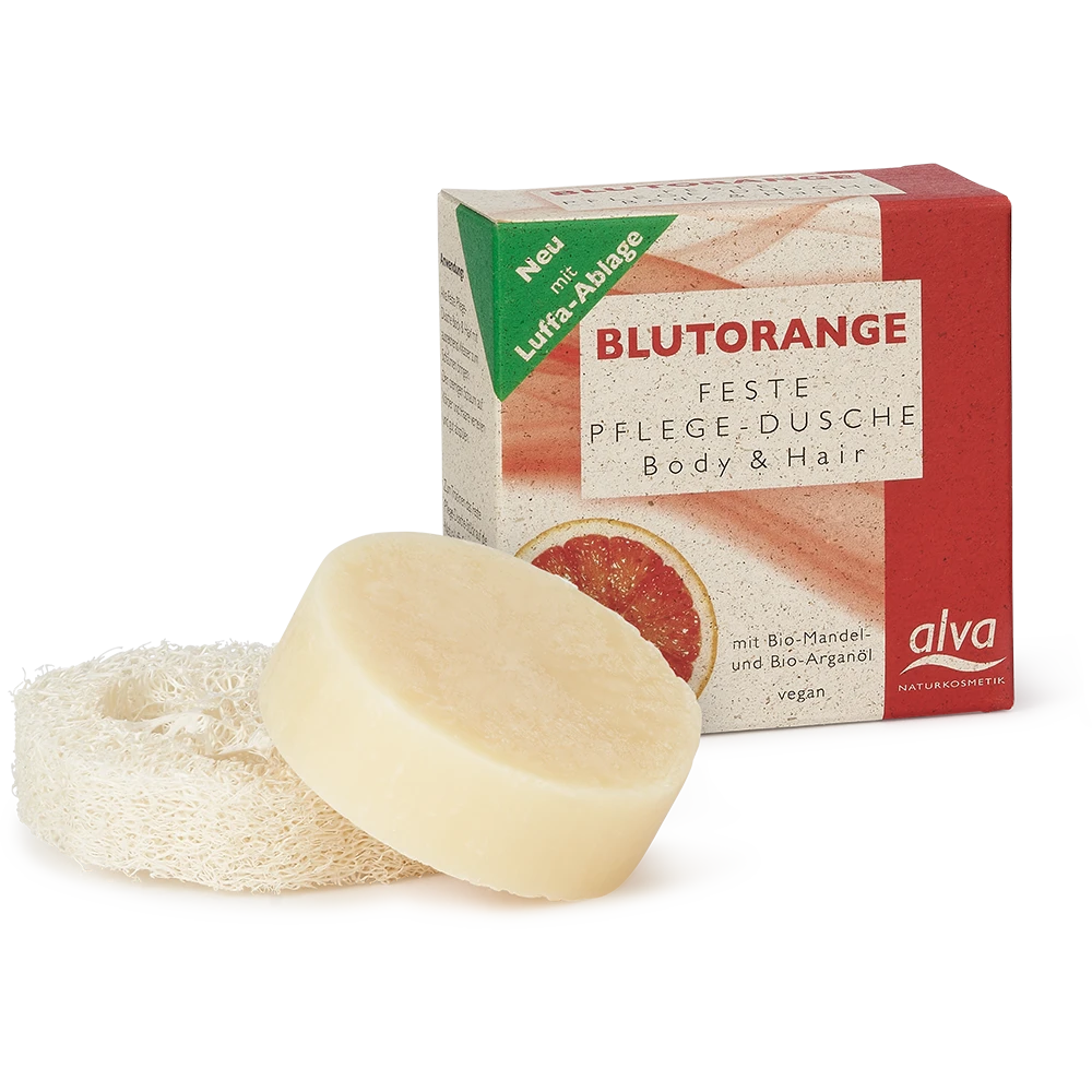 alva festes Shampoo Blutorange Verpackung mit Produkt und Luffa Ablage