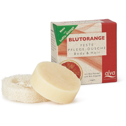 alva festes Shampoo Blutorange Verpackung mit Produkt und Luffa Ablage