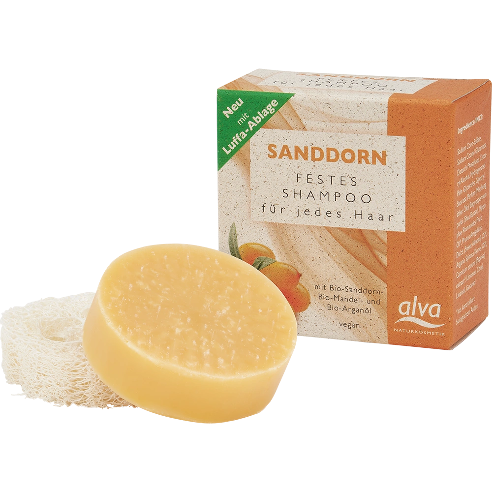 alva festes Shampoo Sanddorn Verpackung mit Produkt und Luffa Ablage