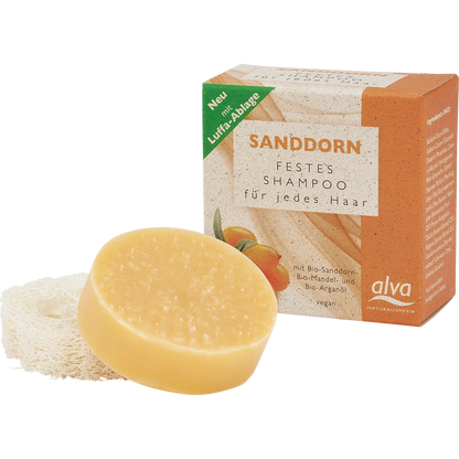 alva festes Shampoo Sanddorn Verpackung mit Produkt und Luffa Ablage
