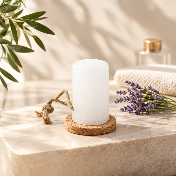 Der alva Kristall-Deo Stick Sensitiv steht auf dem Waschtisch im Badezimmer.