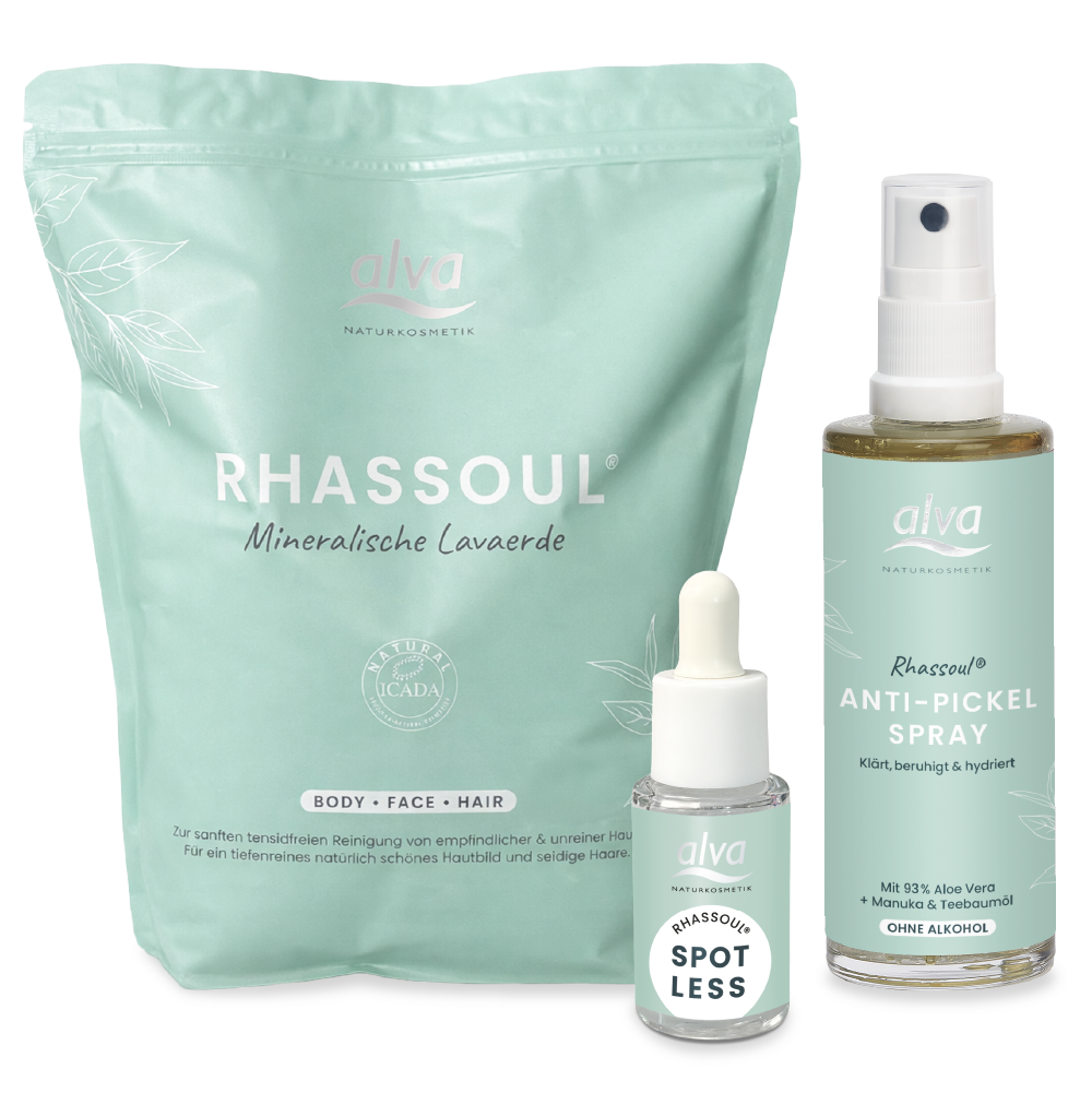Rhassoul Anti-Pickel Set aus der Rhassoul Lavaerde 200g, dem Rhassoul Anti-Pickel Spray und Rhassoul Spotless
