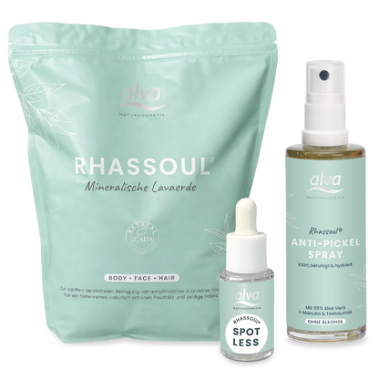 Rhassoul Anti-Pickel Set aus der Rhassoul Lavaerde 200g, dem Rhassoul Anti-Pickel Spray und Rhassoul Spotless